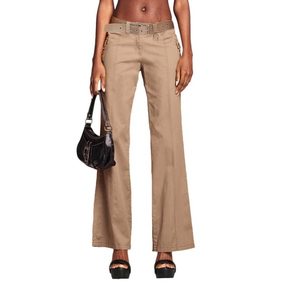 IAMGIA JORDAN CARGO 90’S Y2K MILITARY UTILITY TAN KHAKI FLARE LEG PANTS - Picture 2 of 10